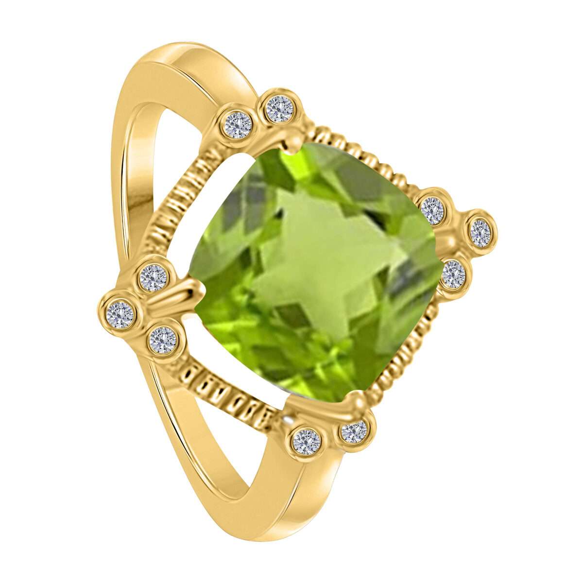 2.85 Carat Cushion Cut Peridot And White Diamond Gemstone Rings For Women In 10K Yellow Rose White Gold