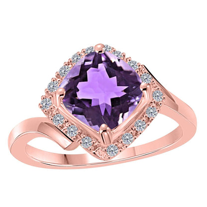 Amethyst Gemstone And 2.35 Carat Natural Diamond Engagement Rings For Women In 14K Rose White & Yellow Gold