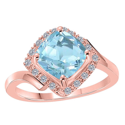 14k Rose White & Yellow Gold 2.35 Carat Cushion Cut Aquamarine And White Diamond Rings For Women