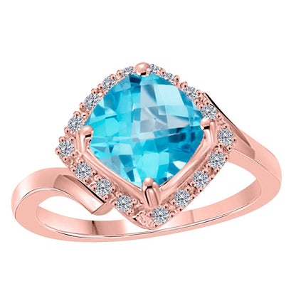 2.35 Carat Blue-topaz And Natural Diamond Gemstone Rings For Women in 14K Rose White & Yellow Gold