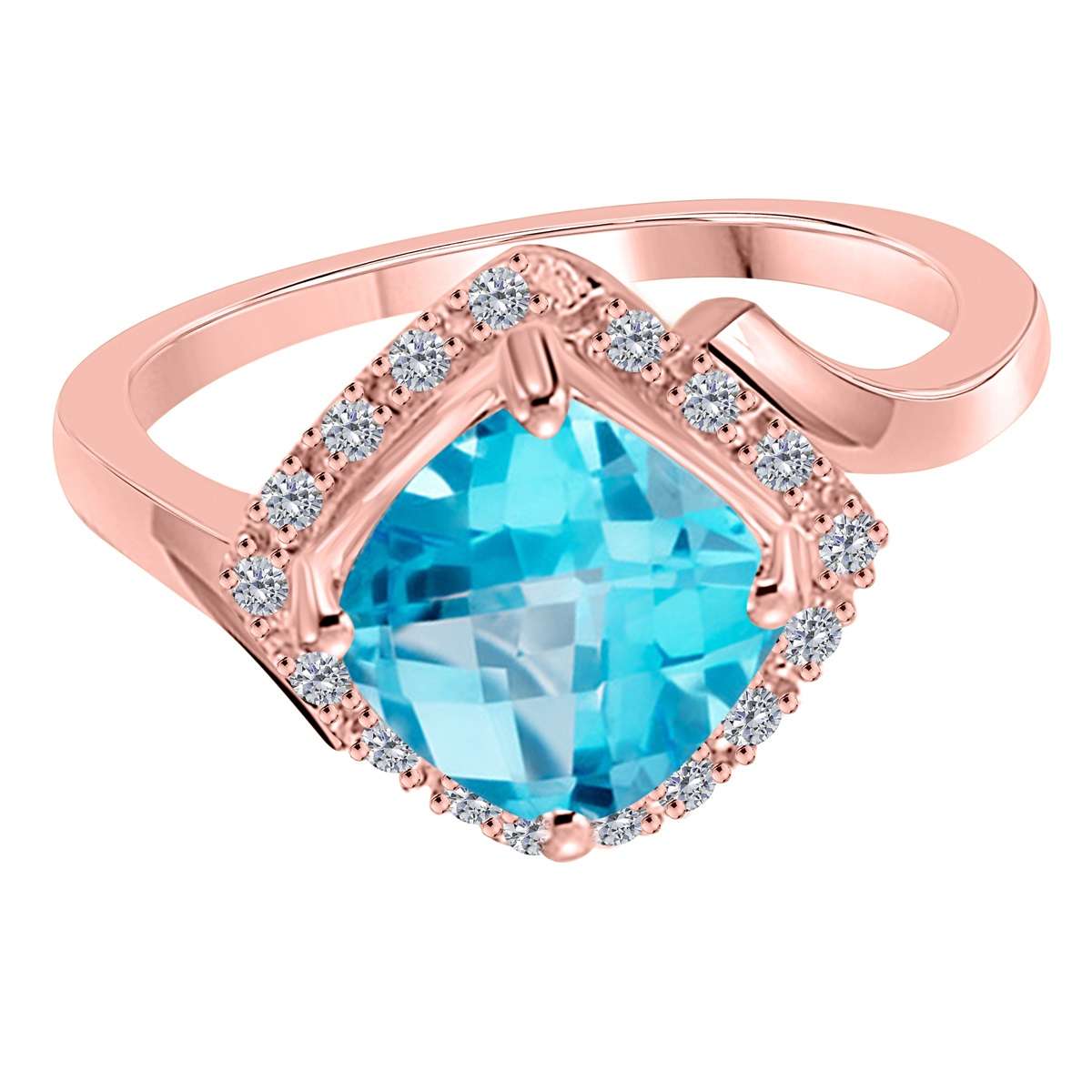 2.35 Carat Blue-topaz And Natural Diamond Gemstone Rings For Women in 14K Rose White & Yellow Gold