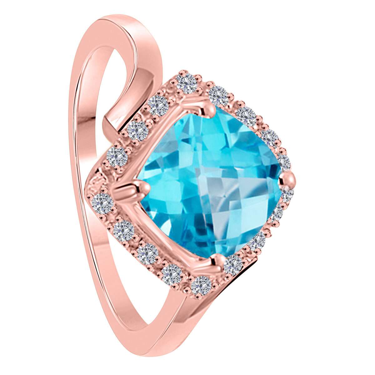 2.35 Carat Blue-topaz And Natural Diamond Gemstone Rings For Women in 14K Rose White & Yellow Gold