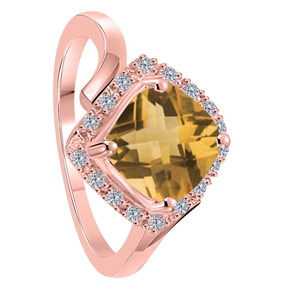 2.35 Carat Cushion Cut Citrine And Round White Diamond Gemstone Rings For Women in 14K Rose White & Yellow Gold