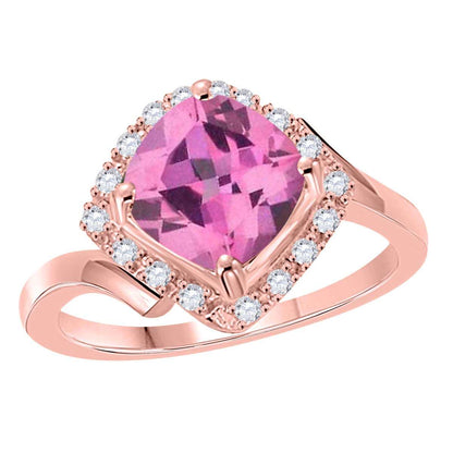 2.35 Carat Cushion Cut Pink-topaz And Round White Diamond Rings For Women In 14K Rose White Yellow Solid Gold