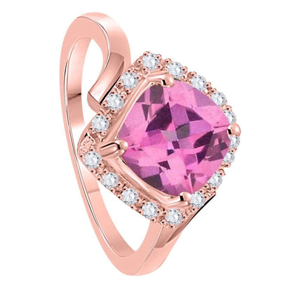 2.35 Carat Cushion Cut Pink-topaz And Round White Diamond Rings For Women In 14K Rose White Yellow Solid Gold