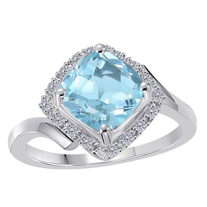 14k Rose White & Yellow Gold 2.35 Carat Cushion Cut Aquamarine And White Diamond Rings For Women