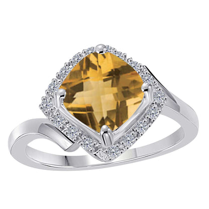 2.35 Carat Cushion Cut Citrine And Round White Diamond Gemstone Rings For Women in 14K Rose White & Yellow Gold