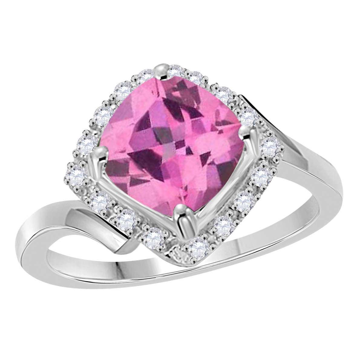 2.35 Carat Cushion Cut Pink-topaz And Round White Diamond Rings For Women In 14K Rose White Yellow Solid Gold