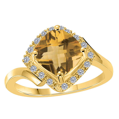 2.35 Carat Cushion Cut Citrine And Round White Diamond Gemstone Rings For Women in 14K Rose White & Yellow Gold