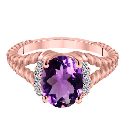 Mauli Jewels 1.85 Carat Diamond and Oval Shaped Amethyst Gemstone Split Shank Rope Design Ring in 10K White, Rose & Yellow Gold