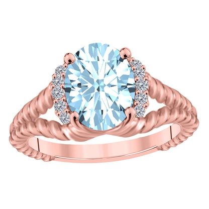 Mauli Jewels 1.85 Carat Diamond and Oval Shaped Aquamarine Gemstone Split Shank Rope Design Ring in 10K White, Rose & Yellow Gold