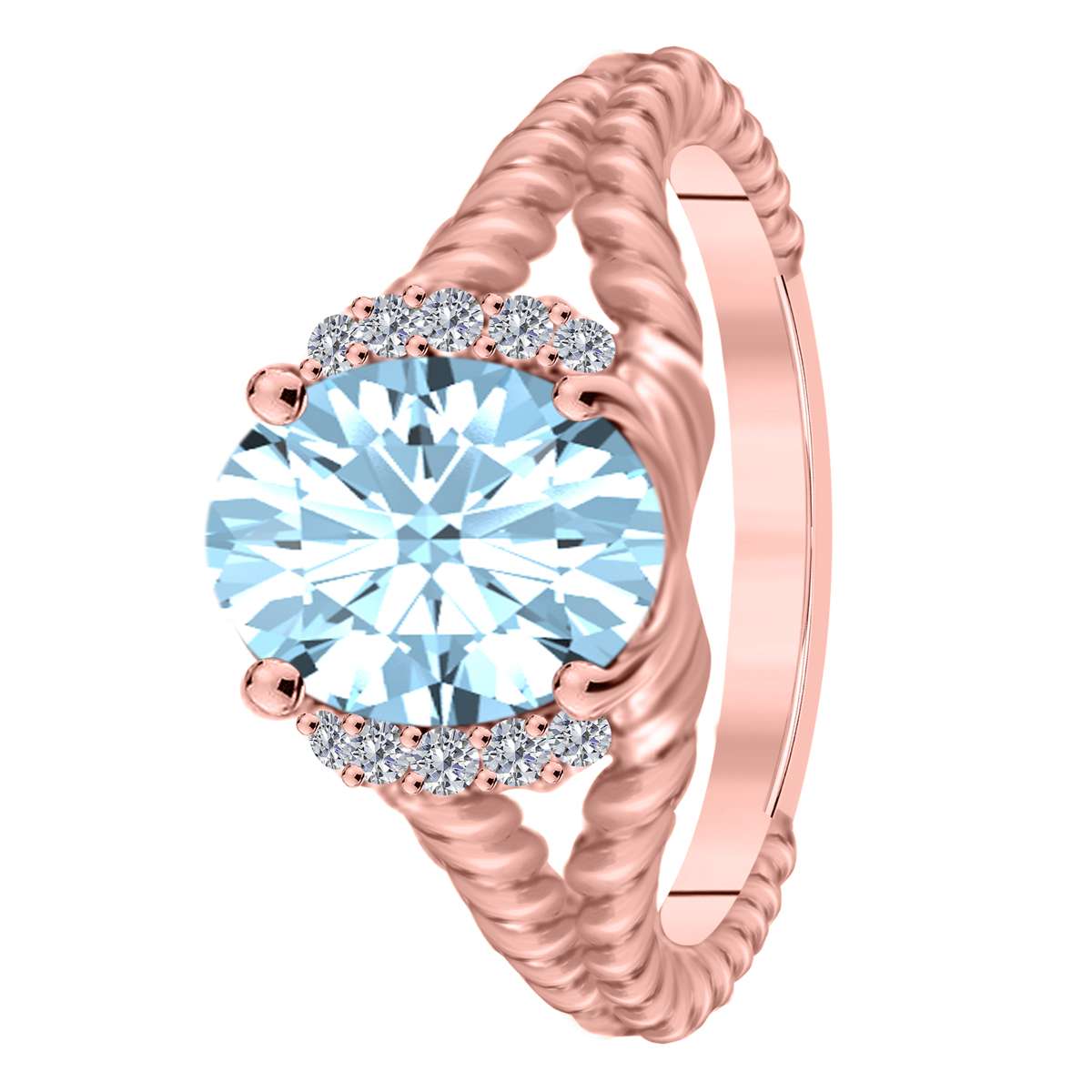 Mauli Jewels 1.85 Carat Diamond and Oval Shaped Aquamarine Gemstone Split Shank Rope Design Ring in 10K White, Rose & Yellow Gold