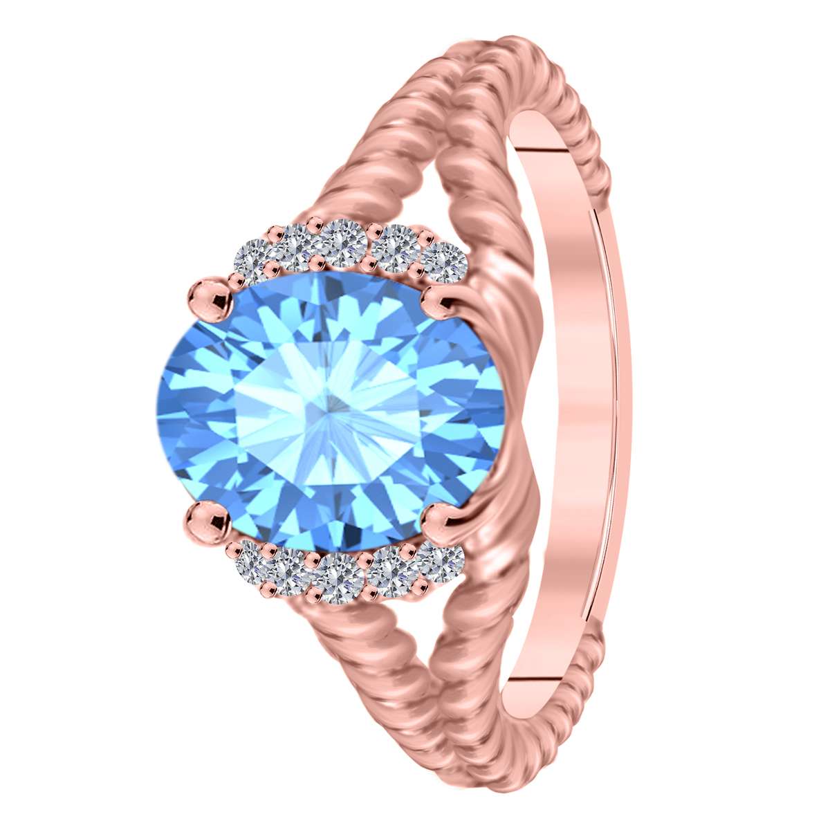 Mauli Jewels 1.85 Carat Diamond and Oval Shaped Blue-Topaz Gemstone Split Shank Rope Design Ring in 10K White, Rose & Yellow Gold