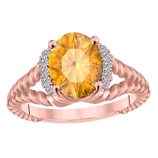 Mauli Jewels 1.85 Carat Diamond and Oval Shaped Citrine Gemstone Split Shank Rope Design Ring in 10K White, Rose & Yellow Gold