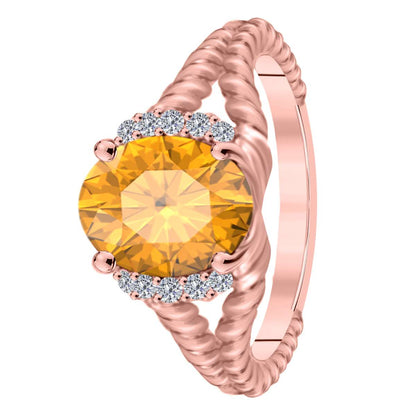 Mauli Jewels 1.85 Carat Diamond and Oval Shaped Citrine Gemstone Split Shank Rope Design Ring in 10K White, Rose & Yellow Gold