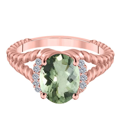 MAULIJEWELS  1.85 Carat Diamond And Oval Shaped Green-Amethyst Gemstone Ring 10K White Rose & Yellow Gold