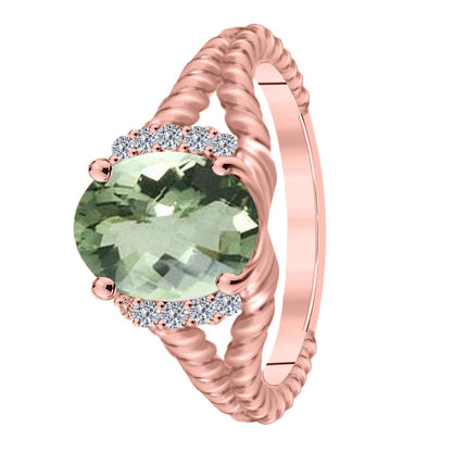 MAULIJEWELS  1.85 Carat Diamond And Oval Shaped Green-Amethyst Gemstone Ring 10K White Rose & Yellow Gold