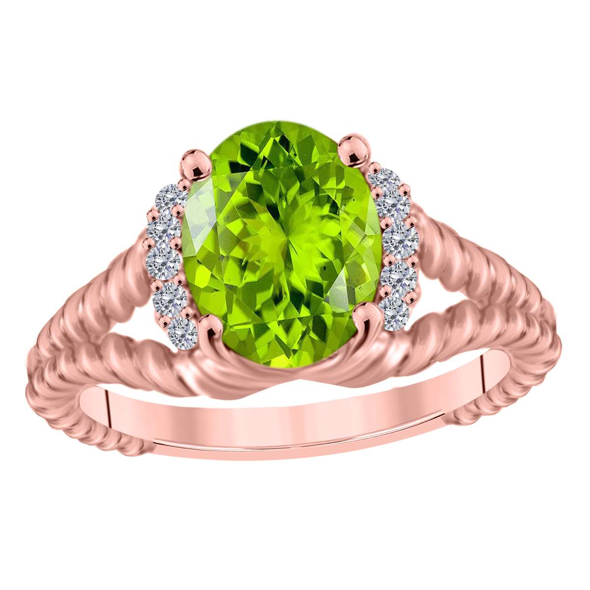 Mauli Jewels 1.85 Carat Diamond and Oval Shaped Peridot Gemstone Split Shank Rope Design Ring in 10K White, Rose & Yellow Gold