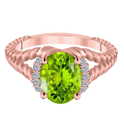 Mauli Jewels 1.85 Carat Diamond and Oval Shaped Peridot Gemstone Split Shank Rope Design Ring in 10K White, Rose & Yellow Gold