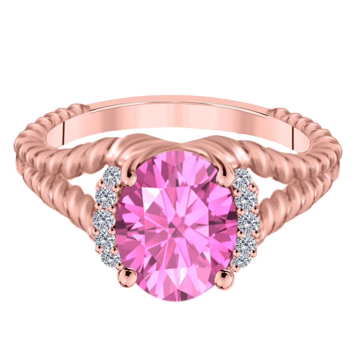 Mauli Jewels 1.85 Carat Diamond and Oval Shaped Pink-Topaz Gemstone Split Shank Rope Design Ring in 10K White, Rose & Yellow Gold