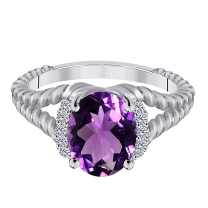 Mauli Jewels 1.85 Carat Diamond and Oval Shaped Amethyst Gemstone Split Shank Rope Design Ring in 10K White, Rose & Yellow Gold