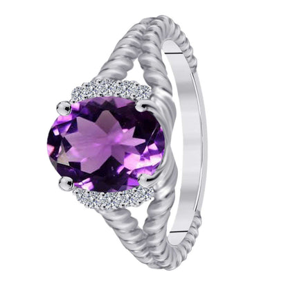 Mauli Jewels 1.85 Carat Diamond and Oval Shaped Amethyst Gemstone Split Shank Rope Design Ring in 10K White, Rose & Yellow Gold