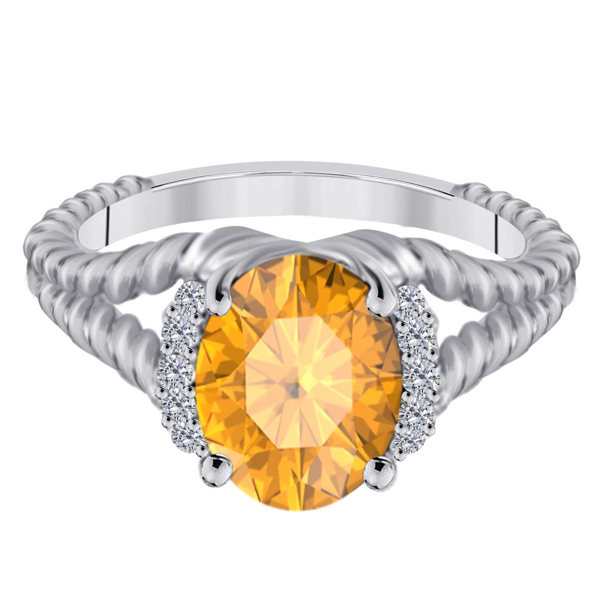 Mauli Jewels 1.85 Carat Diamond and Oval Shaped Citrine Gemstone Split Shank Rope Design Ring in 10K White, Rose & Yellow Gold