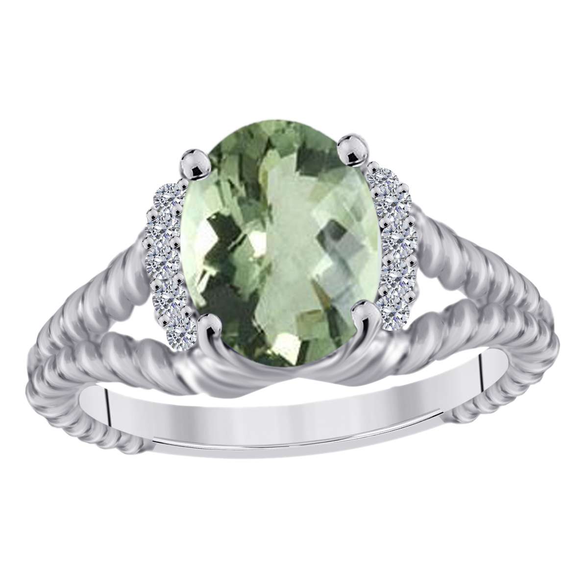 MAULIJEWELS  1.85 Carat Diamond And Oval Shaped Green-Amethyst Gemstone Ring 10K White Rose & Yellow Gold