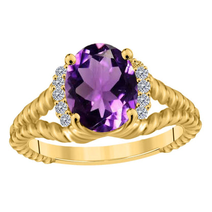 Mauli Jewels 1.85 Carat Diamond and Oval Shaped Amethyst Gemstone Split Shank Rope Design Ring in 10K White, Rose & Yellow Gold