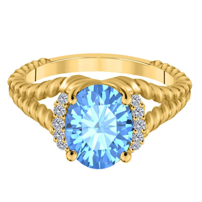 Mauli Jewels 1.85 Carat Diamond and Oval Shaped Blue-Topaz Gemstone Split Shank Rope Design Ring in 10K White, Rose & Yellow Gold