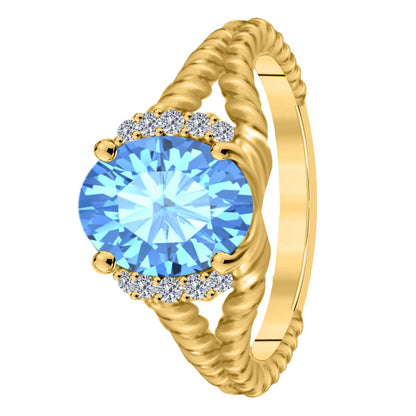 Mauli Jewels 1.85 Carat Diamond and Oval Shaped Blue-Topaz Gemstone Split Shank Rope Design Ring in 10K White, Rose & Yellow Gold