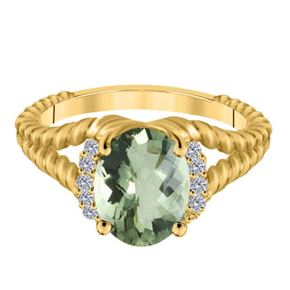 MAULIJEWELS  1.85 Carat Diamond And Oval Shaped Green-Amethyst Gemstone Ring 10K White Rose & Yellow Gold