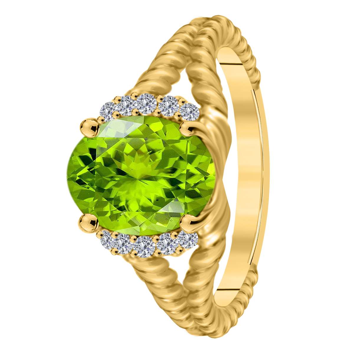 Mauli Jewels 1.85 Carat Diamond and Oval Shaped Peridot Gemstone Split Shank Rope Design Ring in 10K White, Rose & Yellow Gold