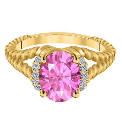 Mauli Jewels 1.85 Carat Diamond and Oval Shaped Pink-Topaz Gemstone Split Shank Rope Design Ring in 10K White, Rose & Yellow Gold