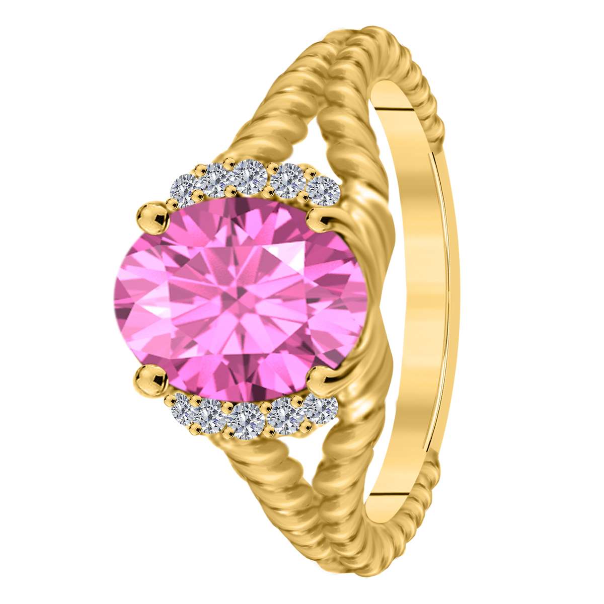 Mauli Jewels 1.85 Carat Diamond and Oval Shaped Pink-Topaz Gemstone Split Shank Rope Design Ring in 10K White, Rose & Yellow Gold