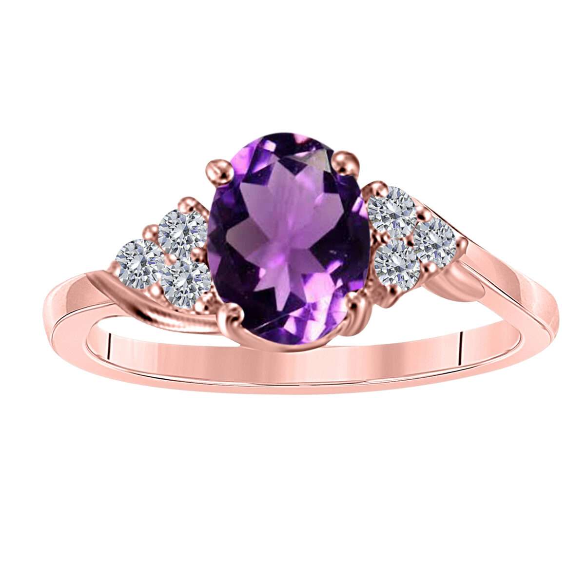 MAULIJEWELS  1.45 Carat Diamond And Oval Shaped Amethyst Gemstone Ring 10K White Rose & Yellow Gold