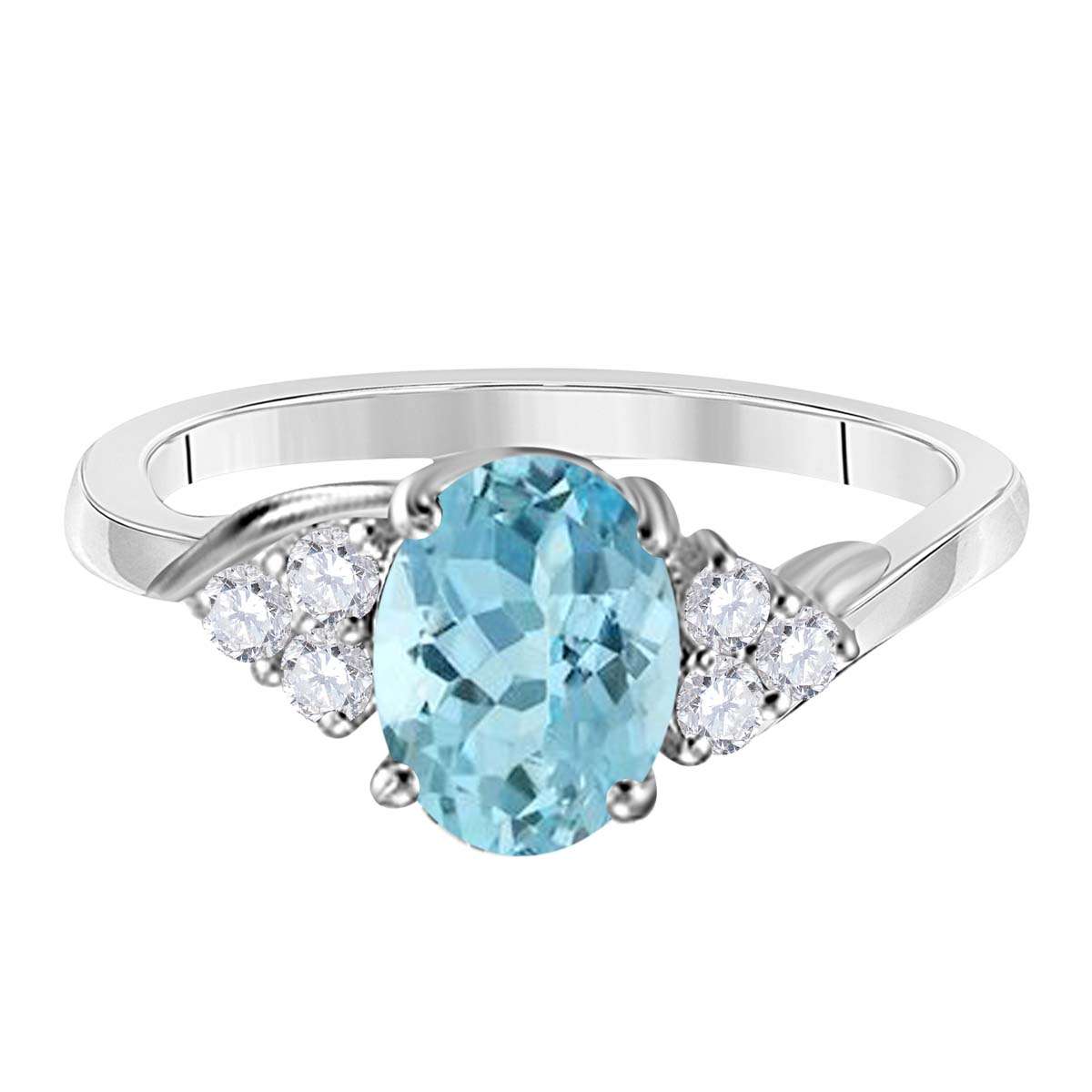 MAULIJEWELS  1.45 Carat Diamond And Oval Shaped Aquamarine Gemstone Ring 10K White Rose & Yellow Gold