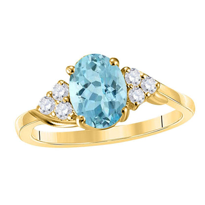 MAULIJEWELS  1.45 Carat Diamond And Oval Shaped Aquamarine Gemstone Ring 10K White Rose & Yellow Gold