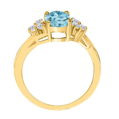 MAULIJEWELS  1.45 Carat Diamond And Oval Shaped Aquamarine Gemstone Ring 10K White Rose & Yellow Gold