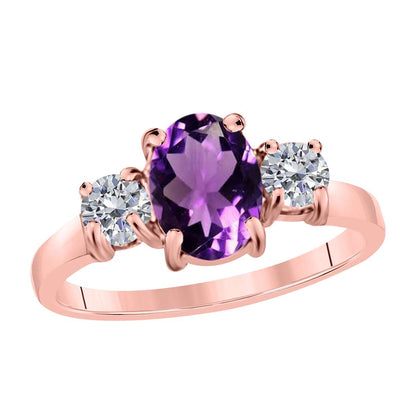 MAULIJEWELS  2.05 Carat Diamond And Oval Shaped Amethyst Gemstone Ring 14K White Rose & Yellow Gold