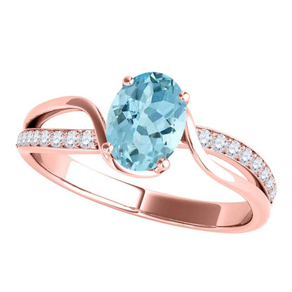 Maulijewels 1.40 Carat Oval Shape Aquamarine & Round White Diamond Gemstone Ring with an Enchanting Split Shank Design in Prong-Setting 14K White, Yellow, and Rose Gold