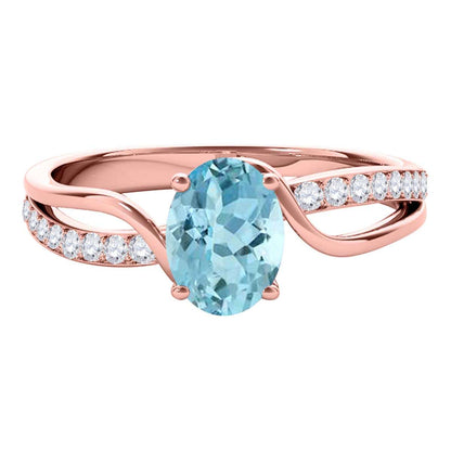 Maulijewels 1.40 Carat Oval Shape Aquamarine & Round White Diamond Gemstone Ring with an Enchanting Split Shank Design in Prong-Setting 14K White, Yellow, and Rose Gold