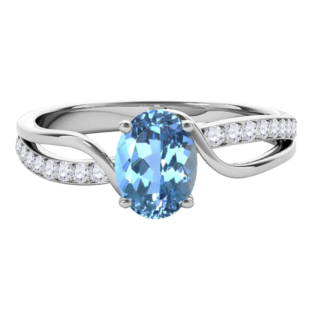 Maulijewels 1.40 Carat Oval Shape Aquamarine & Round White Diamond Gemstone Ring with an Enchanting Split Shank Design in Prong-Setting 14K White, Yellow, and Rose Gold