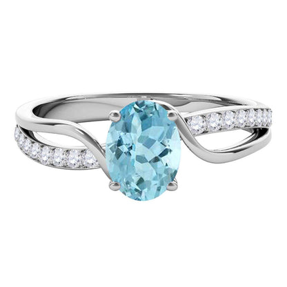 Maulijewels 1.40 Carat Oval Shape Blue-Topaz & Round White Diamond Gemstone Ring with an Enchanting Split Shank Design in Prong-Setting 14K White, Yellow, and Rose Gold