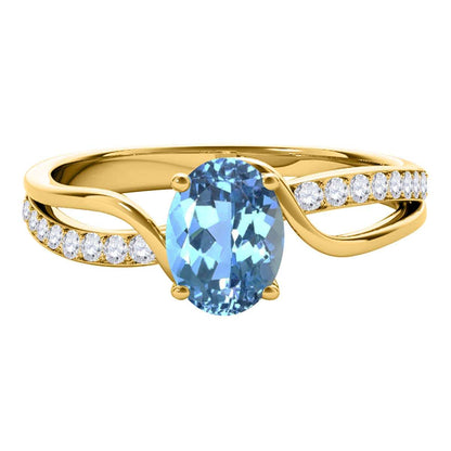 Maulijewels 1.40 Carat Oval Shape Blue-Topaz & Round White Diamond Gemstone Ring with an Enchanting Split Shank Design in Prong-Setting 14K White, Yellow, and Rose Gold