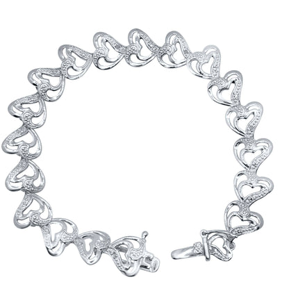 Natural Diamond Accent Heart-Shaped Mother and Child Bracelet in 14K White Gold-Plated 925 Sterling Silver