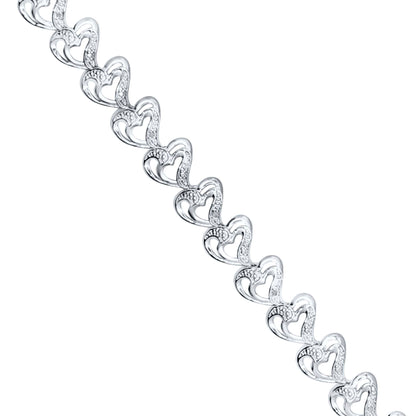 Natural Diamond Accent Heart-Shaped Mother and Child Bracelet in 14K White Gold-Plated 925 Sterling Silver