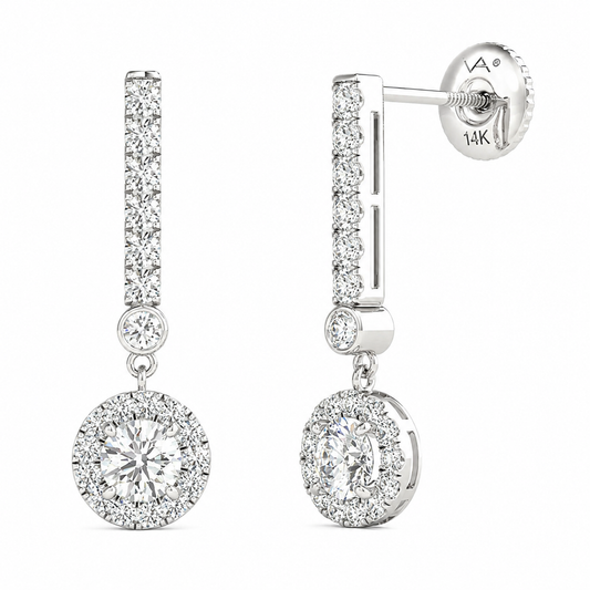 Mauli Jewels 14K Gold Natural Diamond Dangle Halo Earrings for Women, 3/4 Carat Total Weight, GH Color SI1-SI2 Clarity, Round Diamond Screw Back Drop Earrings