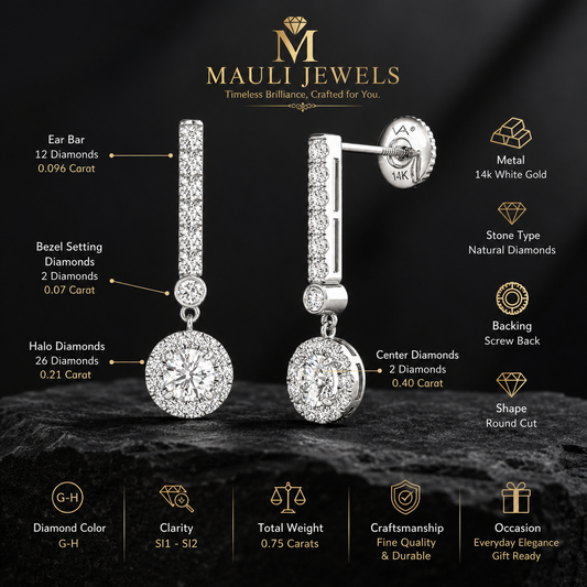Mauli Jewels 14K Gold Natural Diamond Dangle Halo Earrings for Women, 3/4 Carat Total Weight, GH Color SI1-SI2 Clarity, Round Diamond Screw Back Drop Earrings
