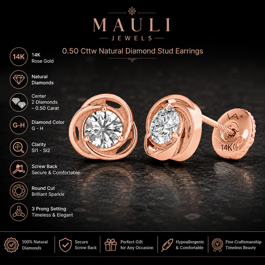Mauli Jewels 14K Rose Gold, White Gold or Yellow Gold Solitaire Diamond Stud Earrings for Women, 1/2 Carat Total Weight, GH Color SI1-SI2 Clarity, Round Diamond Earrings